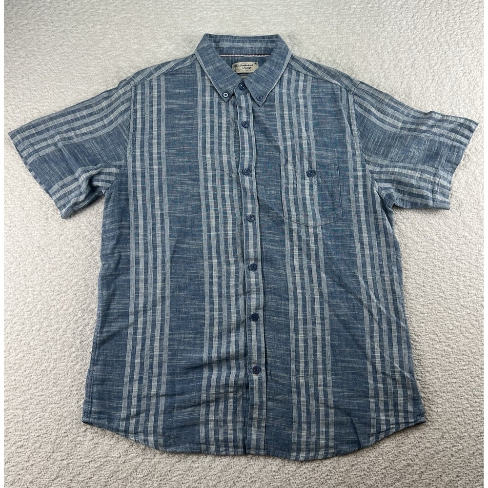 Weatherproof Vintage Washable Linen Blue Strip Button-Up‎ Shirt Men's Large